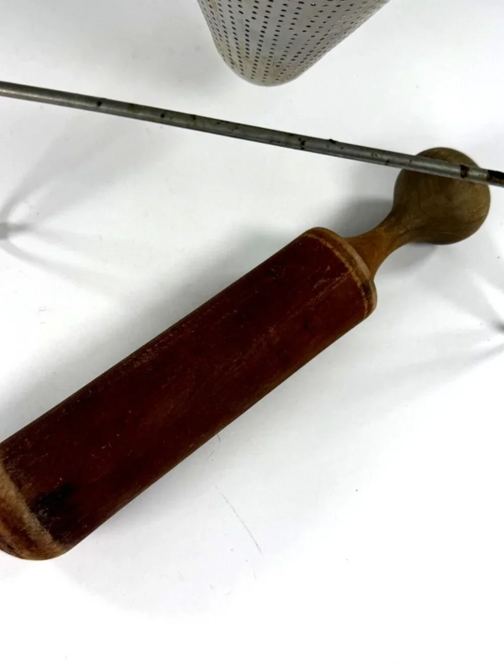 Vintage Cone Fruit Vegetable Strainer Colander Wood pestle Food Sieve Aluminum